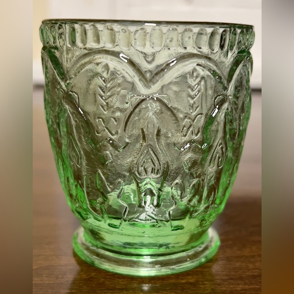 Federal Glass Georgian Lovebirds Green 6 oz Flat Water Tumbler (1930s)